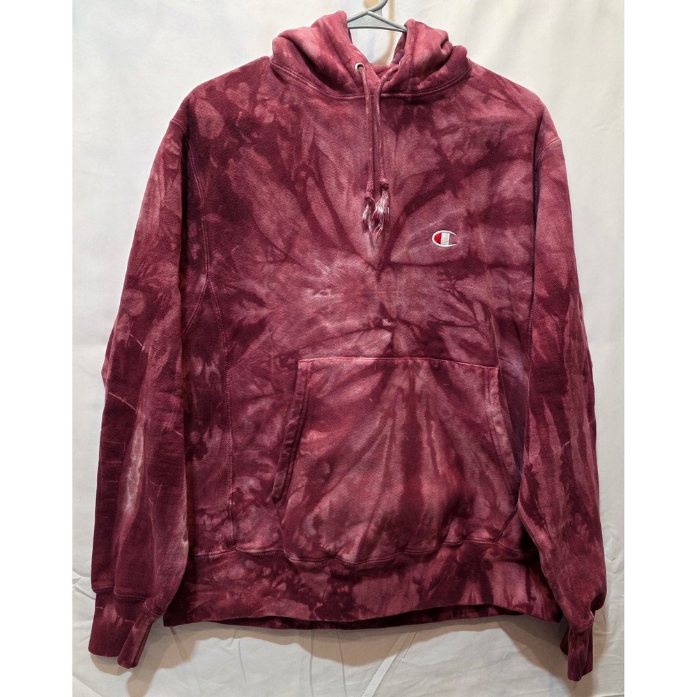 Champion Reverse Weave Hoodie Burgundy Tie Dye Sweatshirt Medium S2316 E13